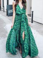 Choies Green V-neck Tie Waist Thigh Split Print Detail Maxi Dress