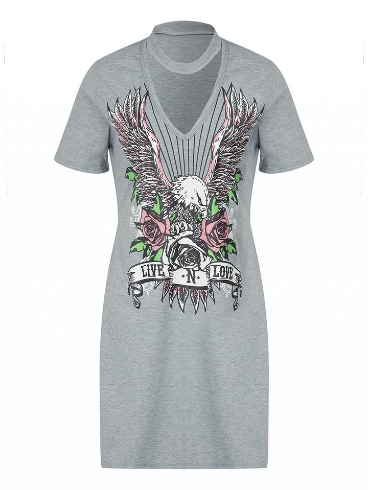 Choies Gray Choker Neck Eagle Print Tee Dress