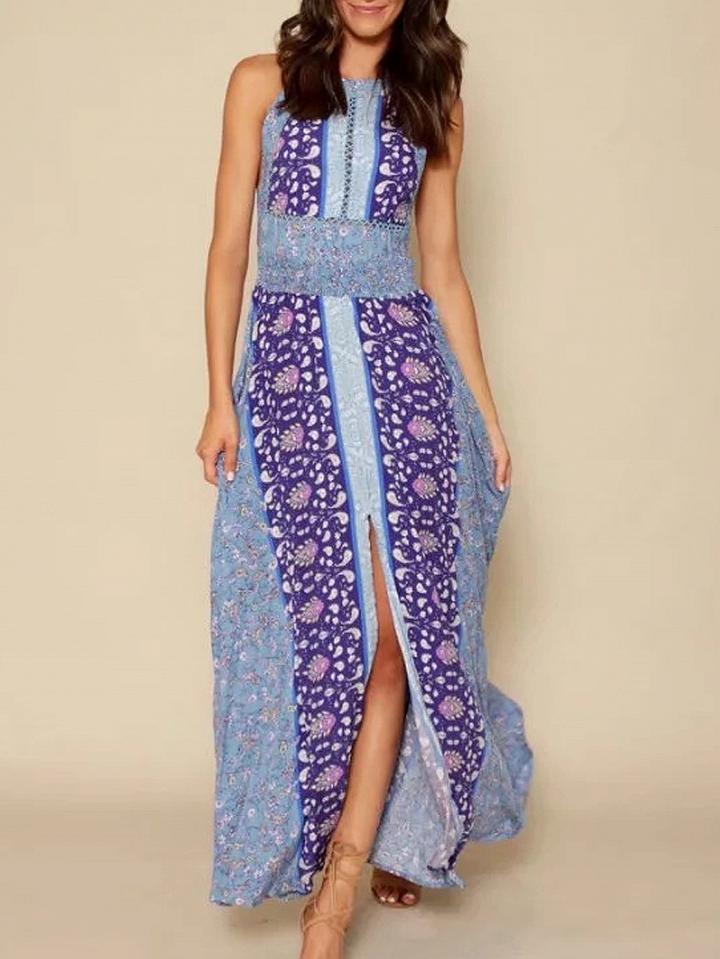 Choies Blue Halter Paisley Print Tied Strappy Back Split Maxi Dress
