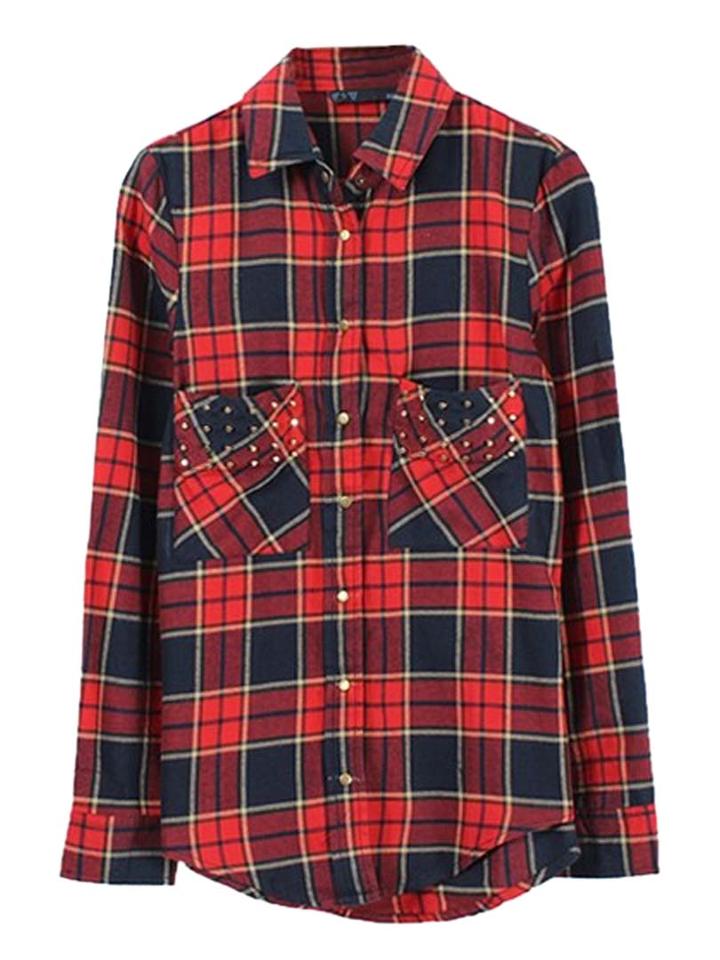 Choies Red Plaid Stud Pocket Shirt