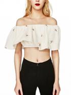 Choies White Off Shoulder Embroidery Floral Layered Crop Top