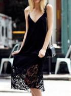 Choies Black V-neck Lace Panel Open Back Chic Women Cami Midi Dress