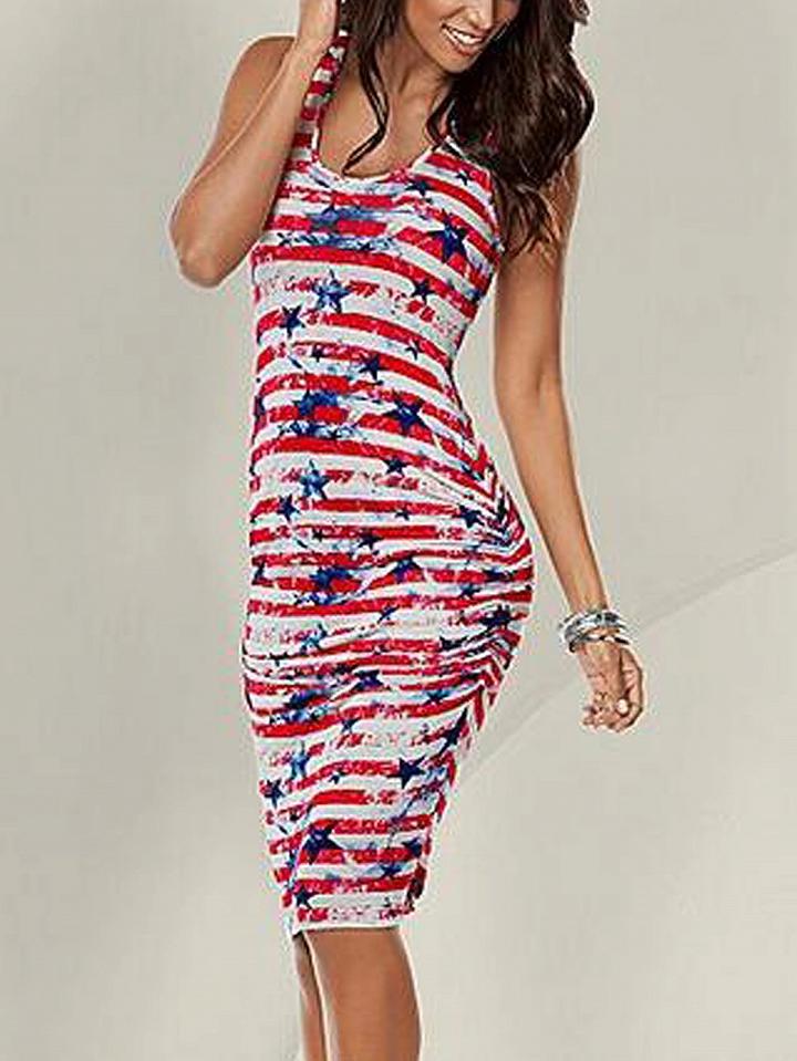Choies Polychrome Stripe And Star Print Sleeveless Ruched Bodycon Dress