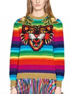 Choies Polychrome Stripe Embroidery Tiger Long Sleeve Knit Sweater