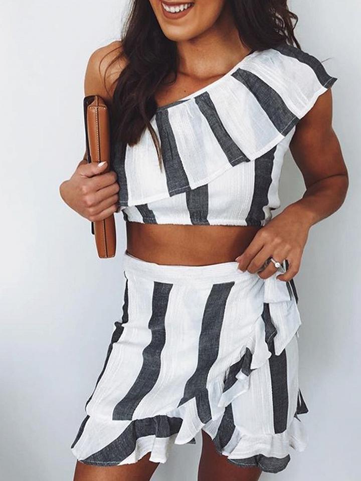 Choies Women's White Chiffon Stripe One Shoulder Crop Top And Mini Skirt