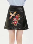 Choies Black Embroidery Detail Stud Pu A-line Mini Skirt