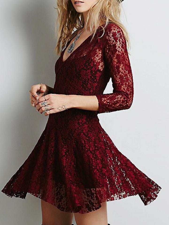 Choies Burgundy Plunge Lace Mini Dress