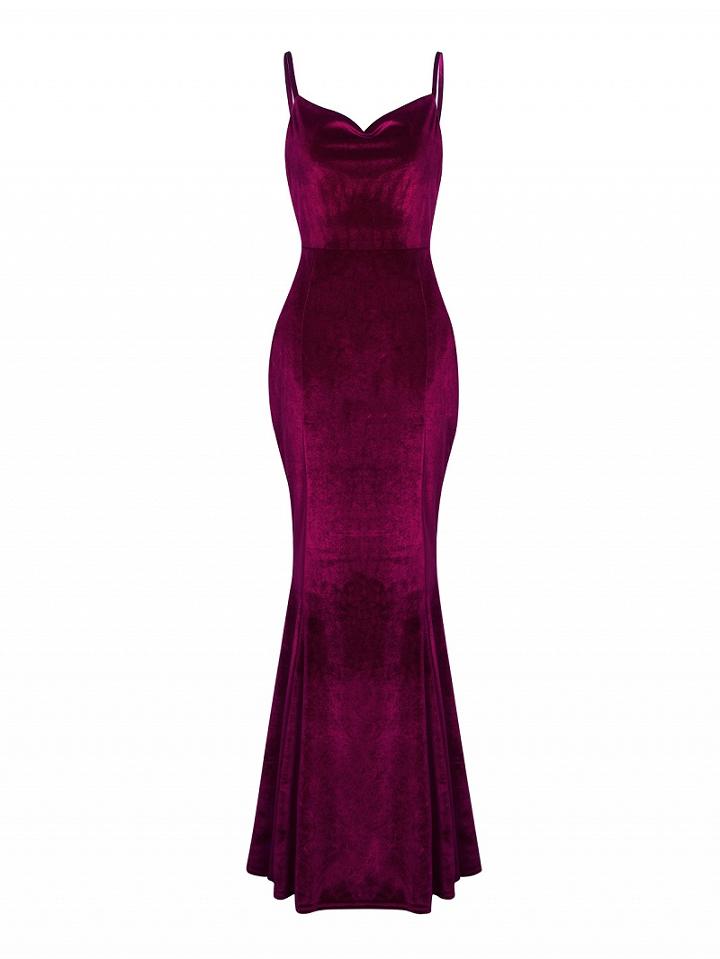 Choies Burgundy Spaghetti Strap Backless Velvet Maxi Dress