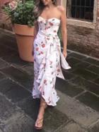 Choies White Chiffon Bandeau Floral Print Ruffle Trim Women Maxi Dress