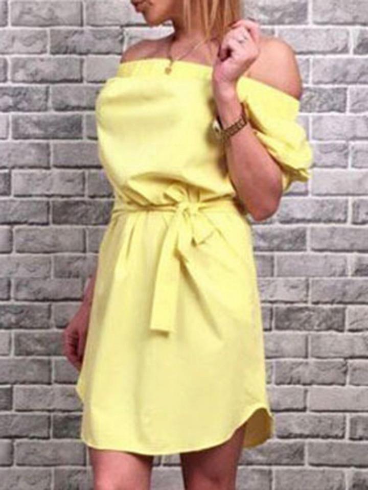 Choies Yellow Off Shoulder Tie Waist Half Sleeve Dress