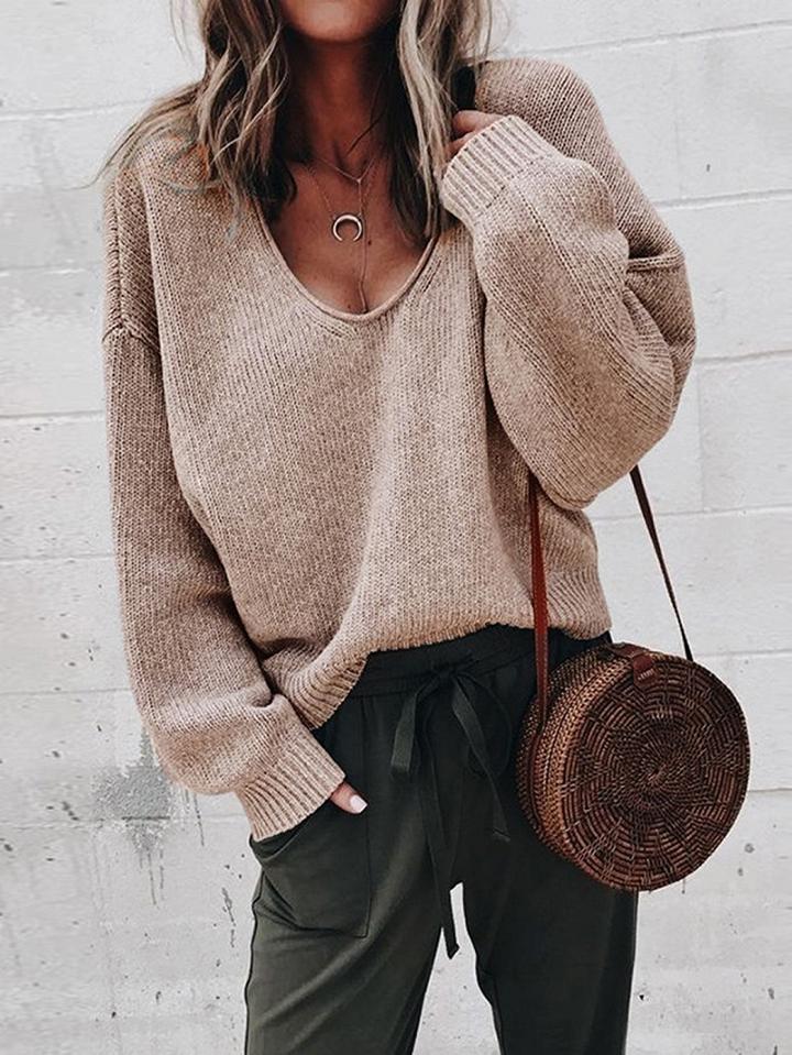 Choies Khaki V-neck Long Sleeve Women Knit Sweater
