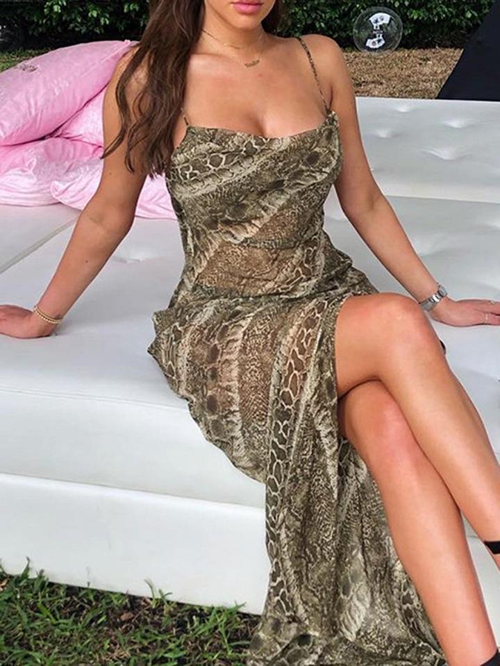 Choies Green Chiffon Snakeskin Print Open Back Women Cami Maxi Dress