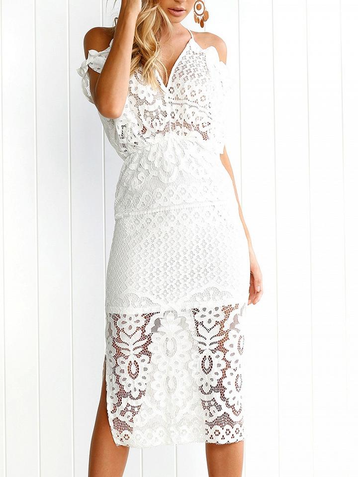 Choies White V-neck Cold Shoulder Chic Women Lace Bodycon Cami Dress