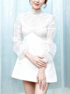 Choies White High Neck Sheer Mesh Panel Long Sleeve A-line Mini Dress