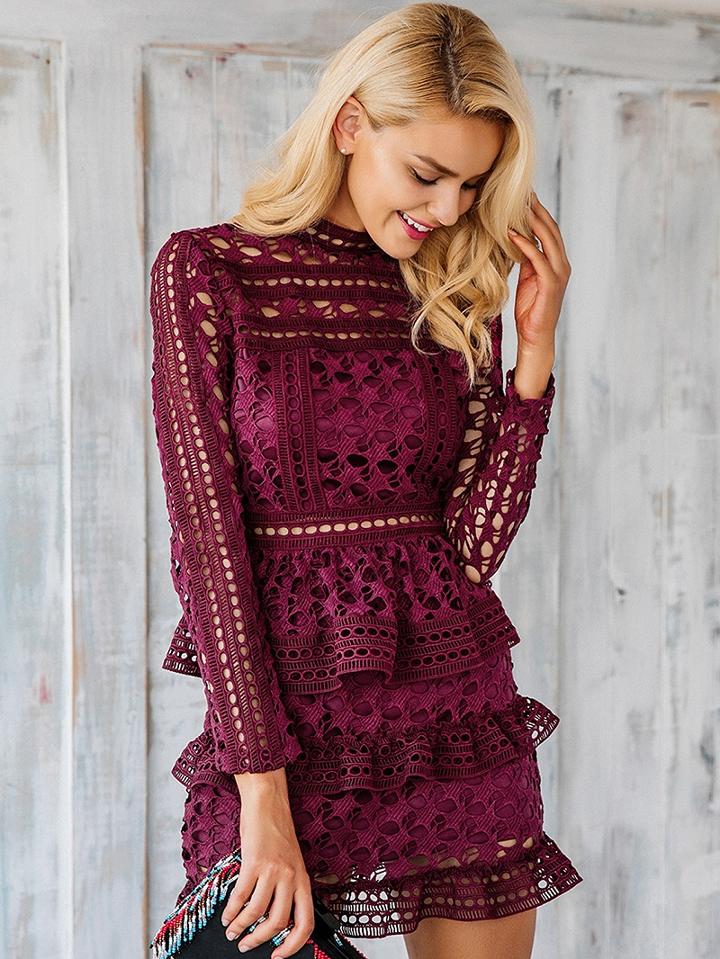 Choies Burgundy High Neck Long Sleeve Layered Cut Out Lace Dress
