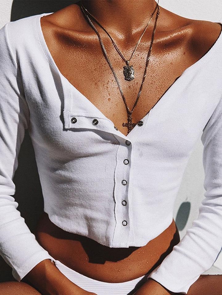 Choies White Ribbed Button Placket Front Long Sleeve Chic Women Crop Shirt