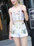 Choies White V-neck Embroidery Floral Cut Out Strap Crop Top And Shorts