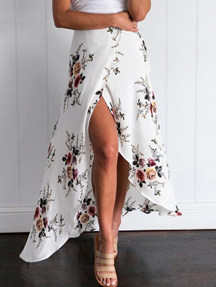 Choies White High Waist Floral Print Asymmetric Hem Skirt