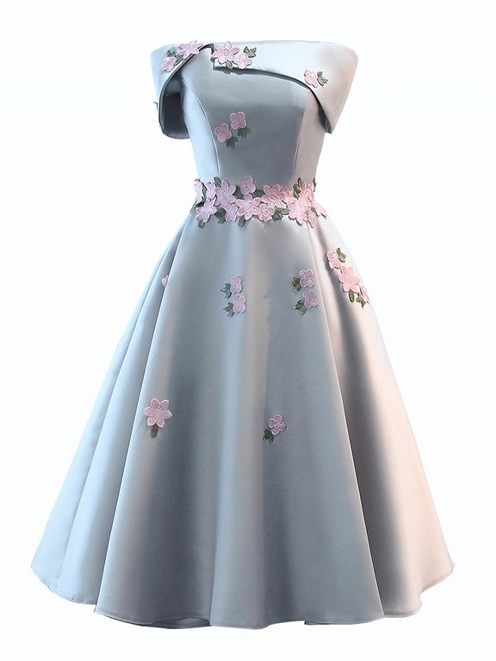 Choies Gray Satin Folded Bandeau Embroidery Floral Skater Prom Dress