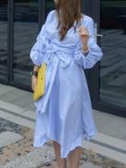 Choies Blue Stripe Ruffle Trim Wrap Tie Waist Puff Sleeve Midi Dress