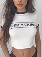 Choies White Slogan Print Contrast Trim Short Sleeve Crop T-shirt