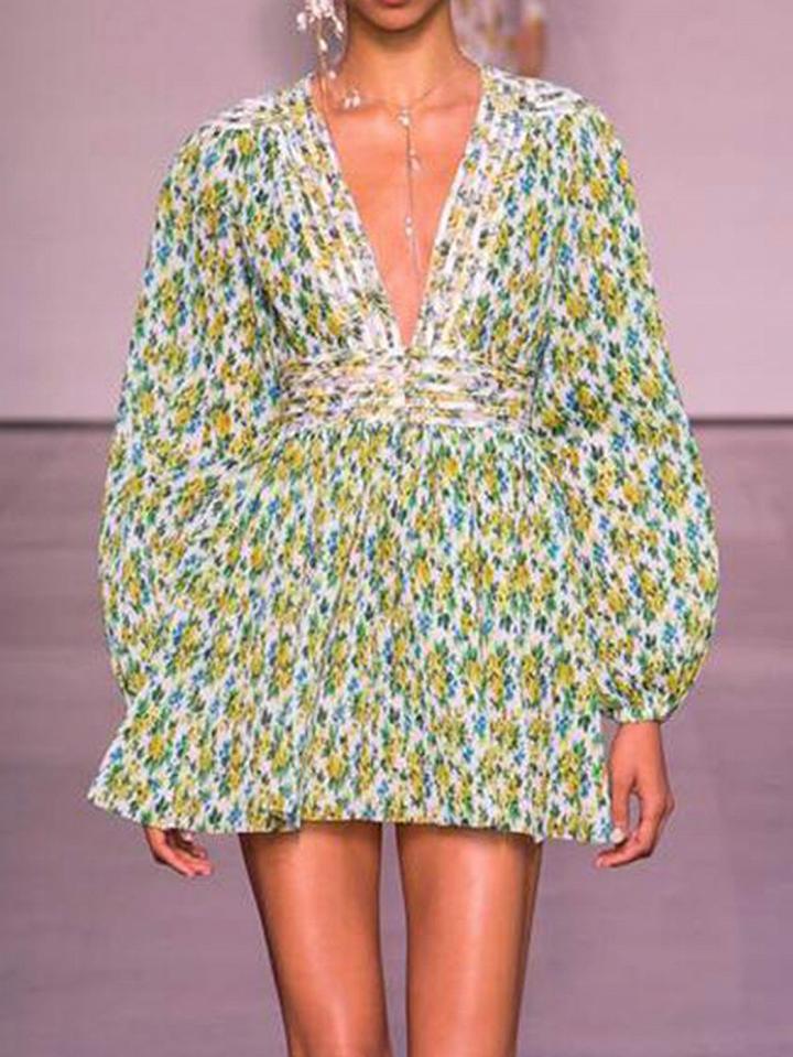 Choies Green Plunge Floral Print Puff Sleeve Chic Women Mini Dress