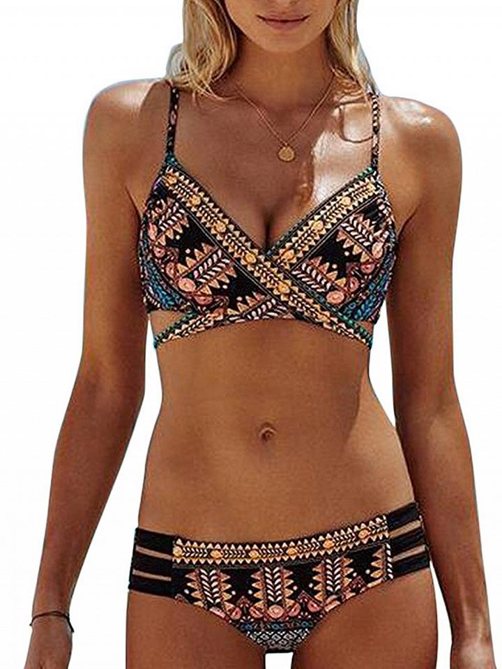 Choies Polychrome Folk Print Cross Wrap Bikini Top And Bottom