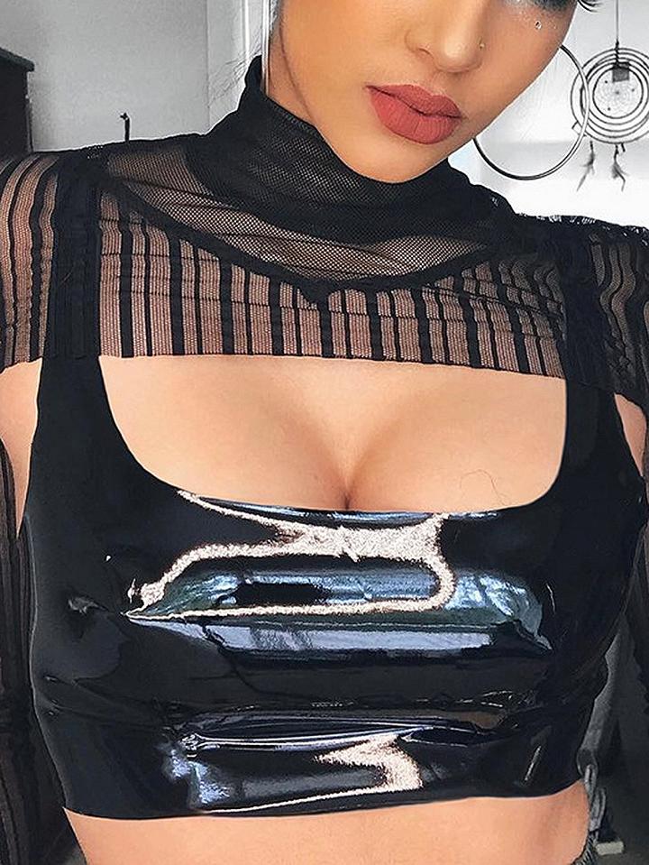 Choies Black Leather Look Crop Cami Top