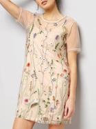 Choies Pink Embroidery Floral Cami Lining Sheer Mesh Shift Mini Dress