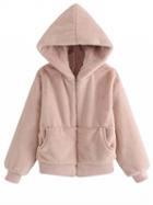 Choies Pink Fluffy Zip Front Long Sleeve Faux Fur Hooded Coat