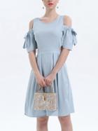 Choies Blue Cold Shoulder Open Back Bow Sleeve Dress