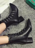 Choies Black Leather Pointed Toe Strap Detail Lace Up Side Ankle Boots