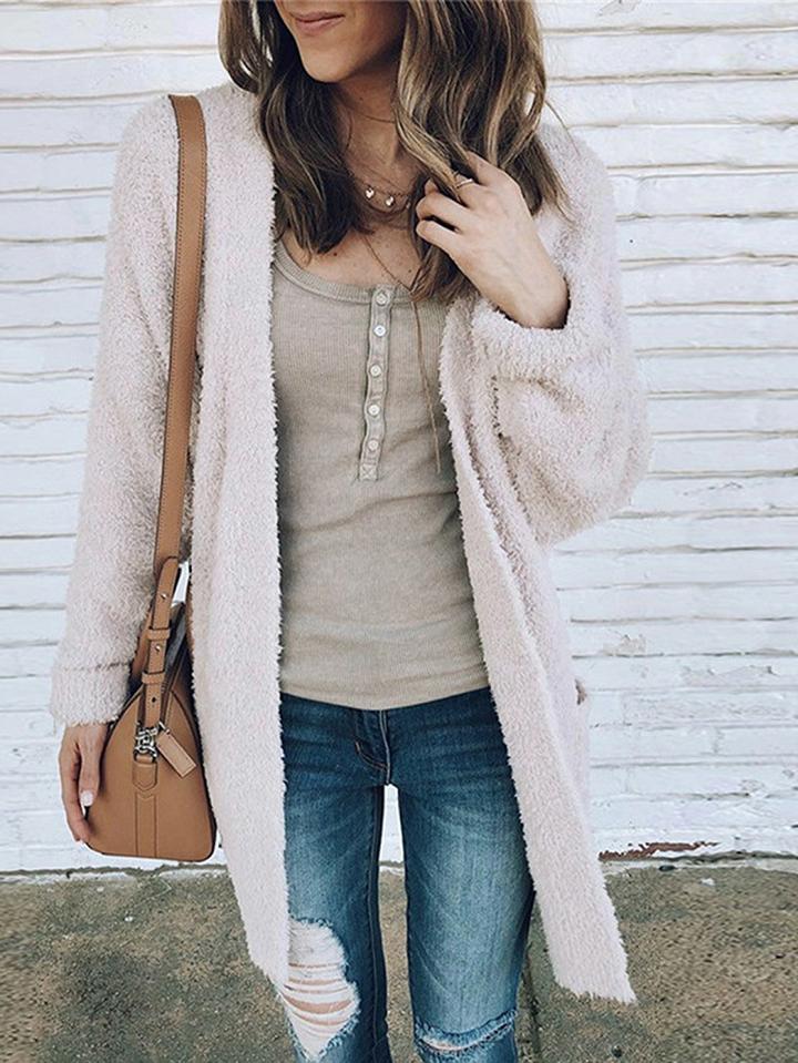 Choies Beige Open Front Pocket Detail Long Sleeve Women Fluffy Coat