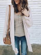Choies Beige Open Front Pocket Detail Long Sleeve Women Fluffy Coat