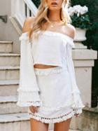 Choies White Off Shoulder Tassel Trim Crop Top And High Waist Skirt