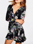 Choies Black V-neck Floral Print Long Sleeve Mini Dress