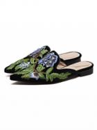 Choies Navy Embroidery Floral Pointed Toe Velvet Mules