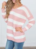 Choies Pink Stripe V-neck Long Sleeve Knit Sweater