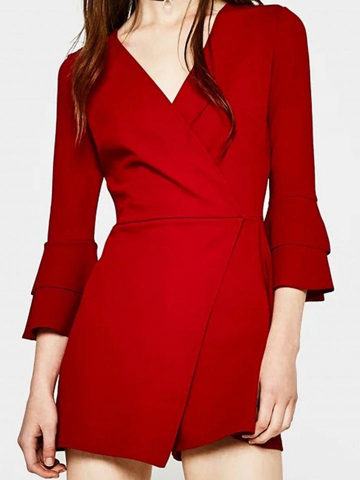 Choies Red V-neck Wrap Front Flare Sleeve Romper Playsuit