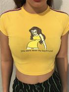 Choies Yellow Contrast Stripe Round Neck Print Detail Crop T-shirt