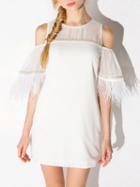 Choies White Cold Shoulder Mesh Panel Feather Cuff Trimmed Dress