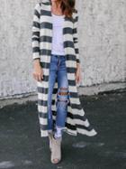 Choies Gray Stripe Cotton Open Front Long Sleeve Chic Women Longline Cardigan