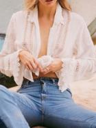 Choies White Cotton Tie Front Lace Panel Flare Sleeve Chic Women Shirt