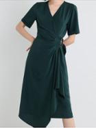 Choies Green V-neck Buckle Strap Waist Asymmetric Hem Chic Women Midi Dress