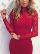 Choies Red High Neck Lace Panel Long Sleeve Bodycon Midi Dress