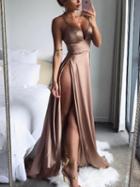 Choies Pink Satin Look Spaghetti Strap Plunge Thigh Split Dress