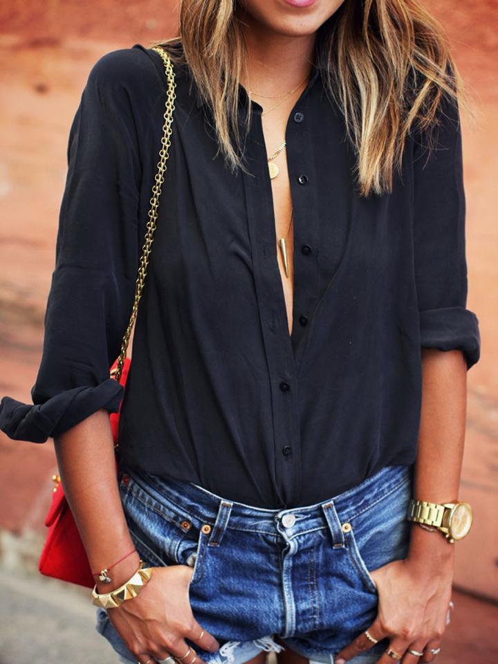 Choies Black Side Split Long Sleeve Shirt