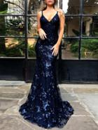 Choies Dark Blue V-neck Sequin Detail Open Back Chic Women Cami Maxi Dress