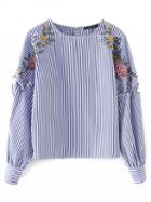 Choies Blue Stripe Floral Embroidery Lace Up Detail Long Sleeve Blouse