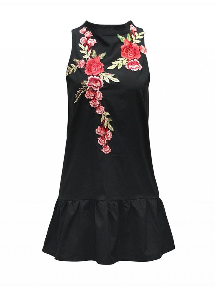 Choies Black Embroidery Floral Open Back Sleeveless Flounced Dress